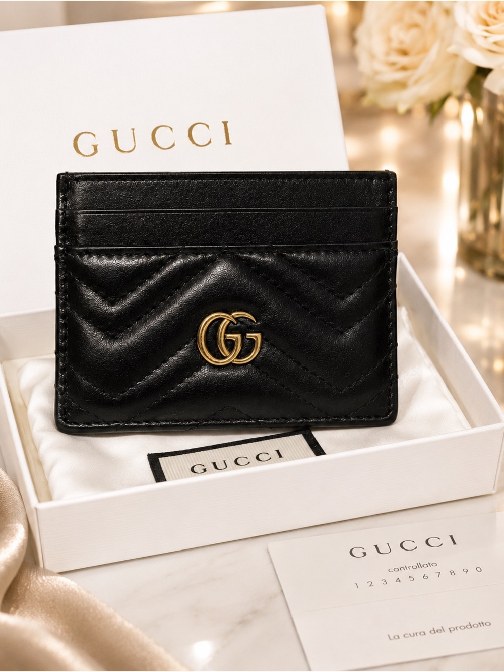 GUCCI GG Marmont Black Quilted Leather Card Holder – Gold GG – Box & Cards